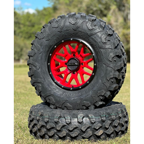 Maxxis Carnivore 32x10-15 Tires on Raceline Krank Red Wheels