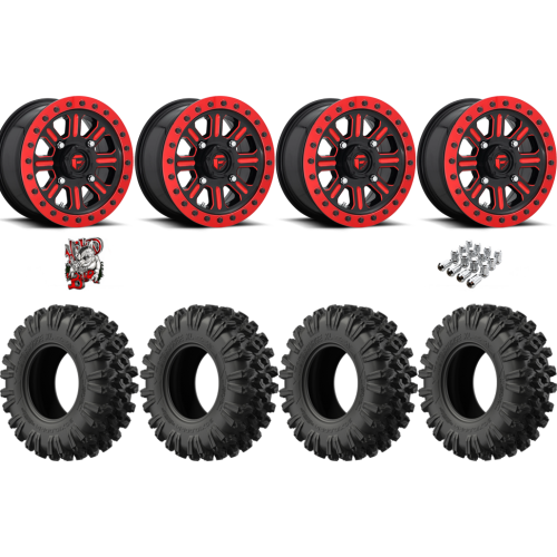 EFX MotoRavage XL 35x10-15 Tires on Fuel Hardline Gloss Black w/ Candy Red Beadlock Wheels