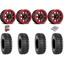 System 3 XT400 32x10-15 Tires on Fuel Hardline Gloss Black with Candy Red Beadlock Wheels