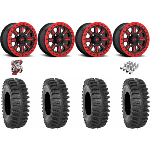 System 3 XT400 30x10-15 Tires on Fuel Hardline Gloss Black with Candy Red Beadlock Wheels