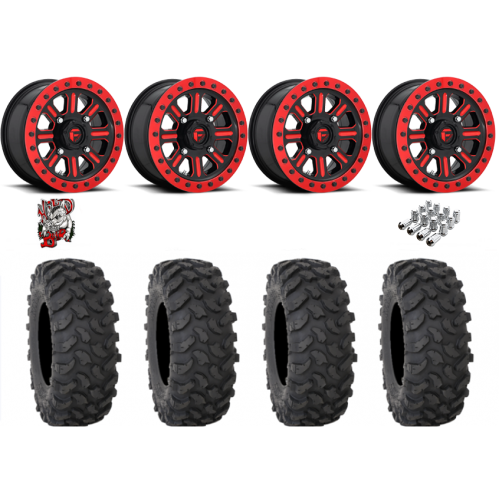 System 3 XTR370 32x10-15 Tires on Fuel Hardline Gloss Black with Candy Red Beadlock Wheels