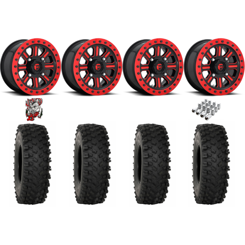 System 3 ATX470 32x10-15 Tires on Fuel Hardline Gloss Black with Candy Red Beadlock Wheels