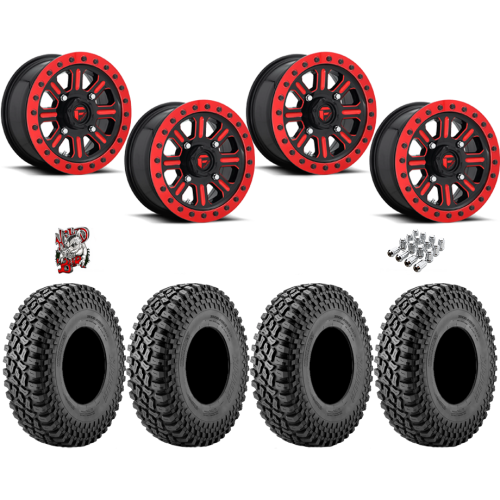 Incursion A/T 32x10-15 Tires on Fuel Hardline Gloss Black with Candy Red Beadlock Wheels