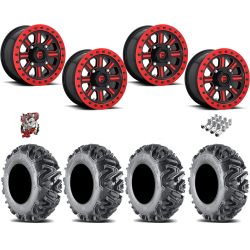 EFX MotoMTC 28x10-15 Tires on Fuel Hardline Gloss Black with Candy Red Beadlock Wheels