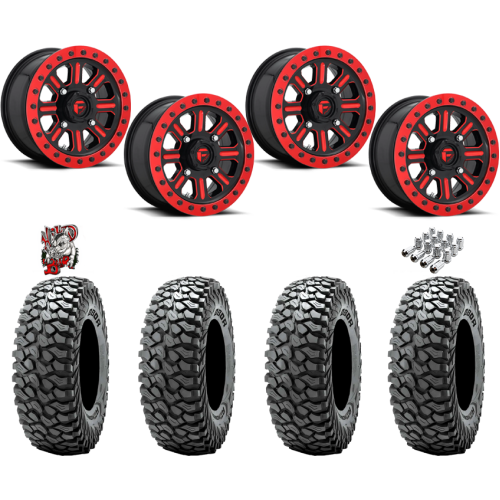 Obor RocScraper 32x10-15 Tires on Fuel Hardline Gloss Black with Candy Red Beadlock Wheels