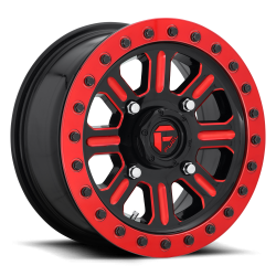 Tusk Terrabite 28x10-15 Radial Tires on Fuel Hardline Gloss Black with Candy Red Beadlock Wheels