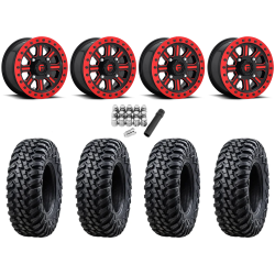 Tusk Terrabite 28x10-15 Radial Tires on Fuel Hardline Gloss Black with Candy Red Beadlock Wheels