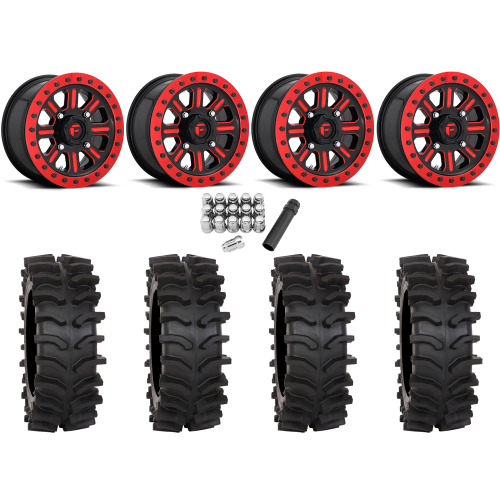 System 3 XT400W 30x12-15 Tires on Fuel Hardline Gloss Black with Candy Red (15x10) Beadlock Wheels