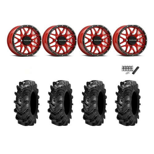 ITP Cryptid 28x10-14 Tires on Raceline Krank Red Wheels